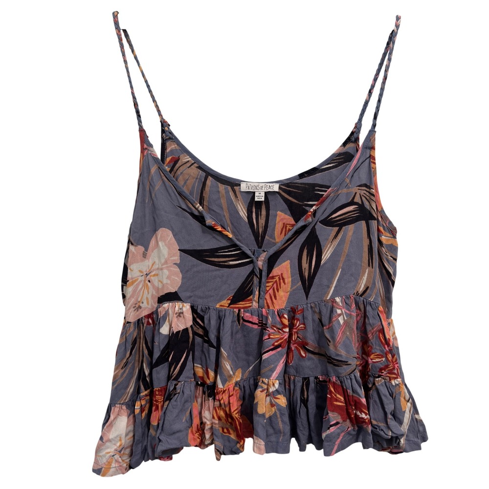 Patrons of Peace Cami Top M Blue Tropical Floral Rayon Tiered Peplum Boho Beach